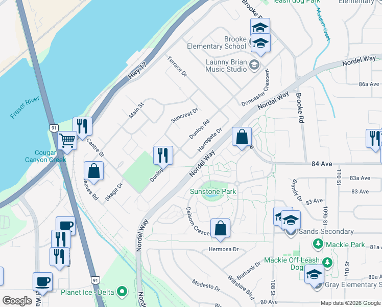 map of restaurants, bars, coffee shops, grocery stores, and more near 10535 Harrogate Drive in Delta