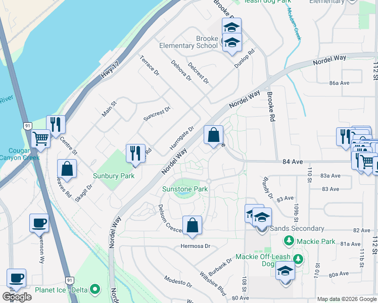map of restaurants, bars, coffee shops, grocery stores, and more near 8355 Delsom Way in Delta