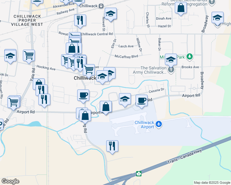 map of restaurants, bars, coffee shops, grocery stores, and more near 8451 Hilton Drive in Chilliwack