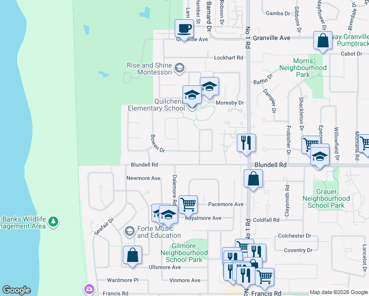 map of restaurants, bars, coffee shops, grocery stores, and more near 3651 Bowen Drive in Richmond
