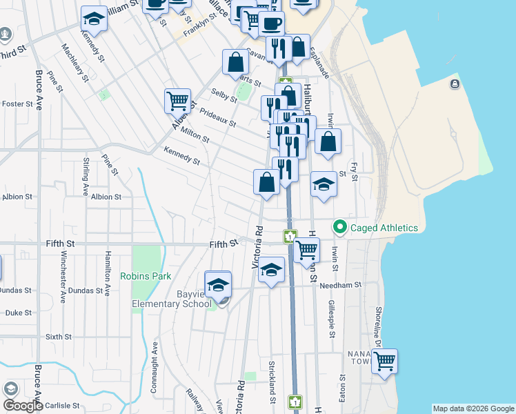 map of restaurants, bars, coffee shops, grocery stores, and more near 250 Victoria Road in Nanaimo