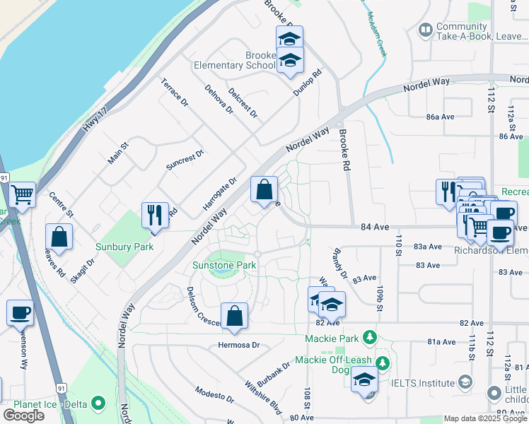 map of restaurants, bars, coffee shops, grocery stores, and more near 8385 Delsom Way in Delta