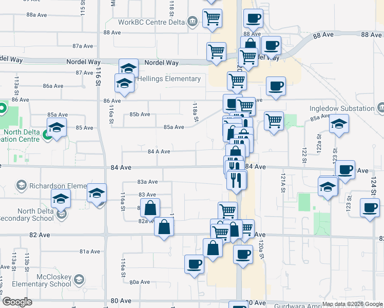 map of restaurants, bars, coffee shops, grocery stores, and more near 8431 118A Street in Delta