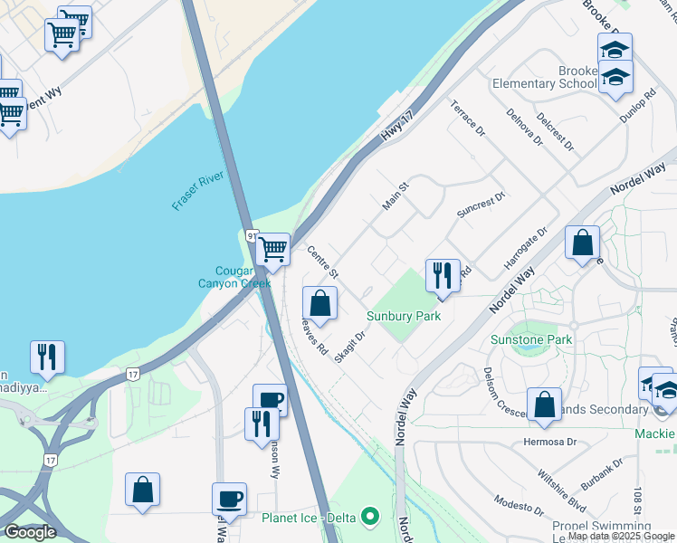 map of restaurants, bars, coffee shops, grocery stores, and more near 10302 Main Street in Delta