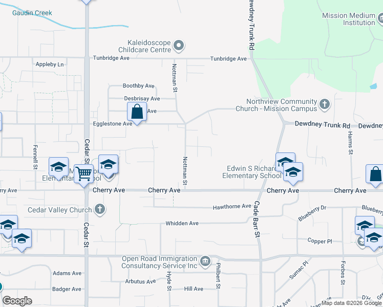 map of restaurants, bars, coffee shops, grocery stores, and more near 8512 Nottman Street in Mission
