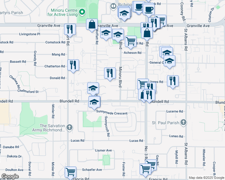 map of restaurants, bars, coffee shops, grocery stores, and more near 7751 Minoru Boulevard in Richmond