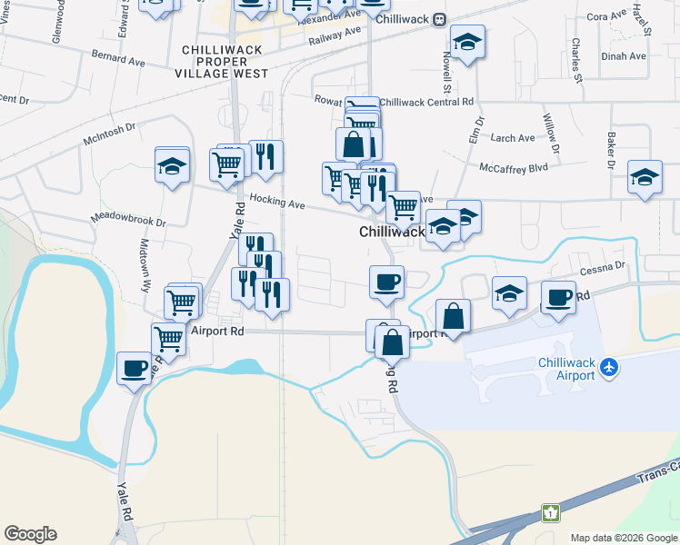 map of restaurants, bars, coffee shops, grocery stores, and more near 8485 Young Road in Chilliwack