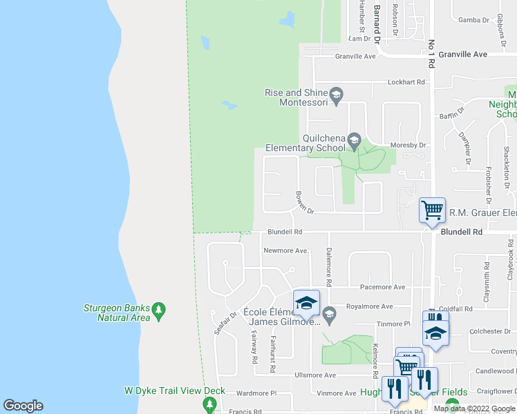 map of restaurants, bars, coffee shops, grocery stores, and more near 7731 Gabriola Crescent in Richmond