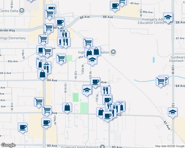 map of restaurants, bars, coffee shops, grocery stores, and more near 8446 123 Street in Surrey