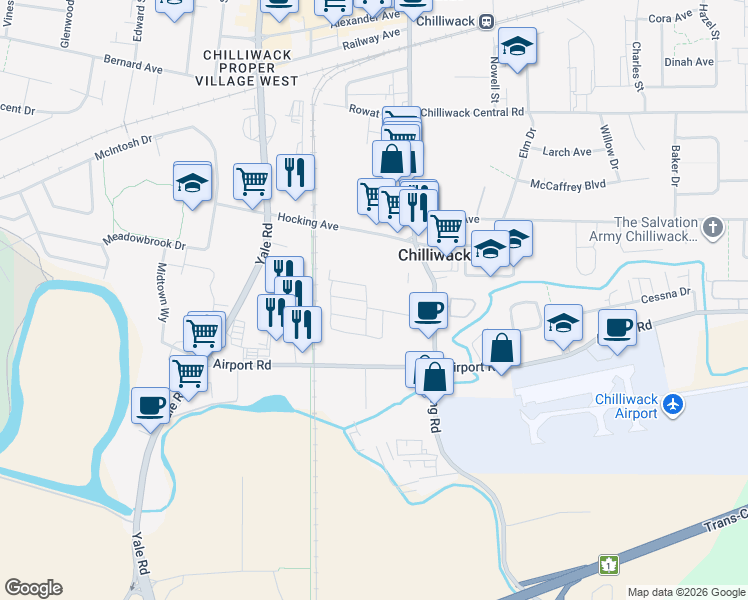 map of restaurants, bars, coffee shops, grocery stores, and more near in Chilliwack