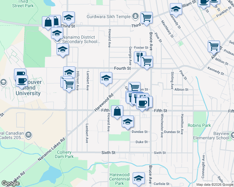 map of restaurants, bars, coffee shops, grocery stores, and more near 10 Georgia Avenue in Nanaimo