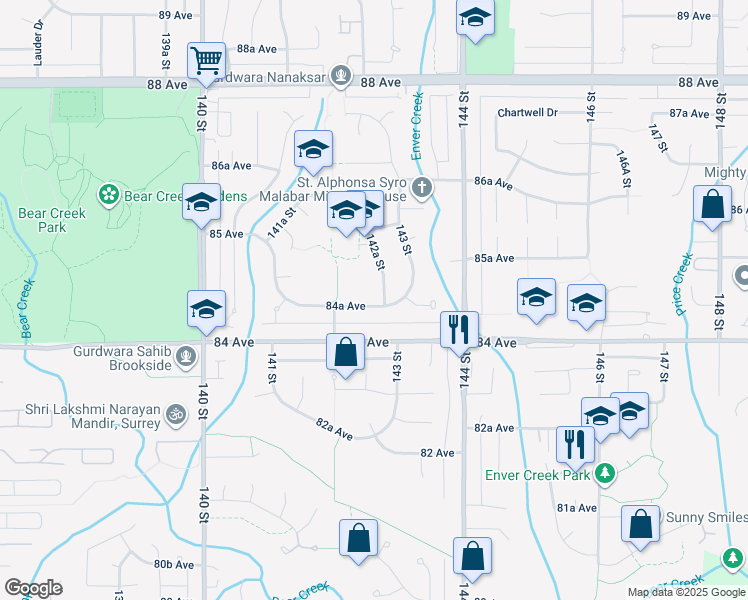 map of restaurants, bars, coffee shops, grocery stores, and more near 8459 142A Street in Surrey