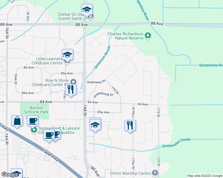 map of restaurants, bars, coffee shops, grocery stores, and more near 8455 170 Street in Surrey