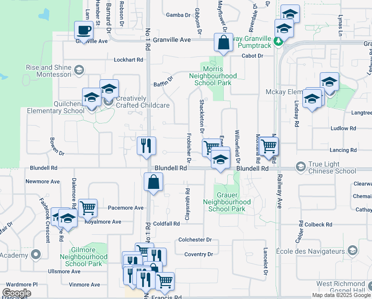 map of restaurants, bars, coffee shops, grocery stores, and more near 4199 Magellan Place in Richmond