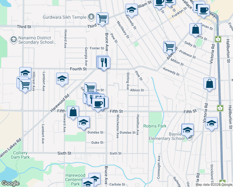 map of restaurants, bars, coffee shops, grocery stores, and more near 444 Bruce Avenue in Nanaimo