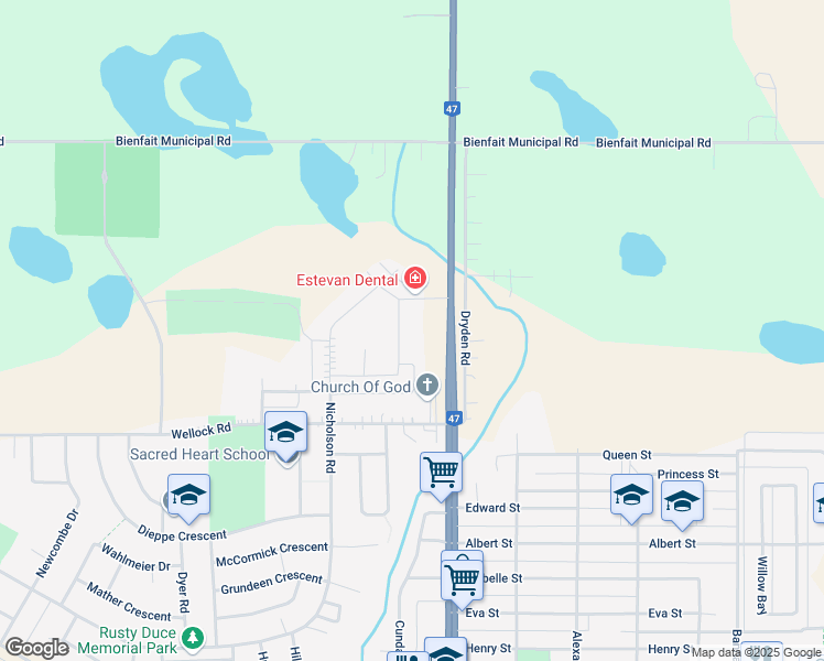 map of restaurants, bars, coffee shops, grocery stores, and more near 2141 Larter Road in Estevan