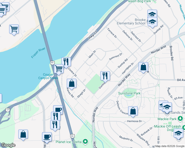map of restaurants, bars, coffee shops, grocery stores, and more near 10316 Johnson Wynd in Delta