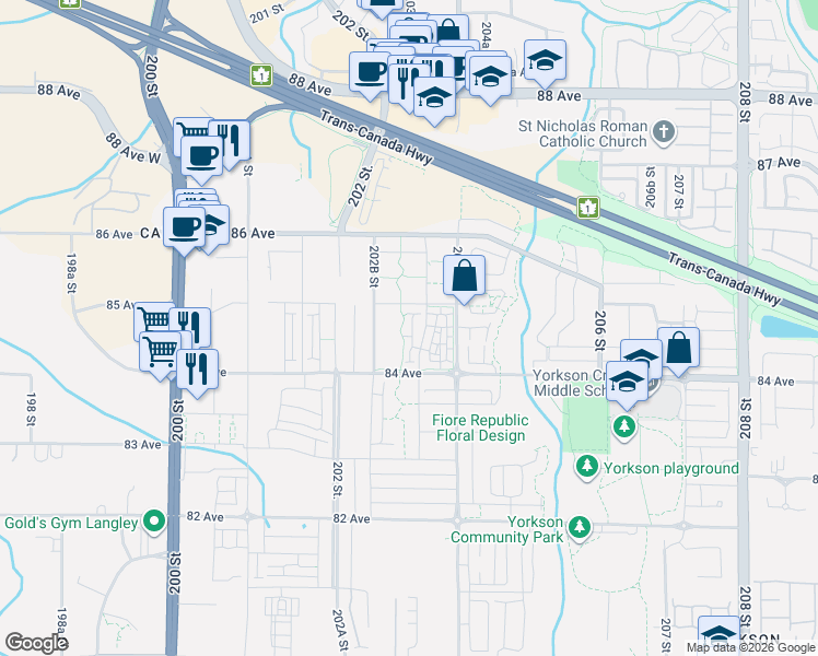 map of restaurants, bars, coffee shops, grocery stores, and more near 8433 203A Street in Langley Township