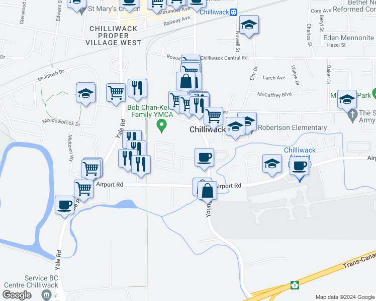 map of restaurants, bars, coffee shops, grocery stores, and more near in Chilliwack
