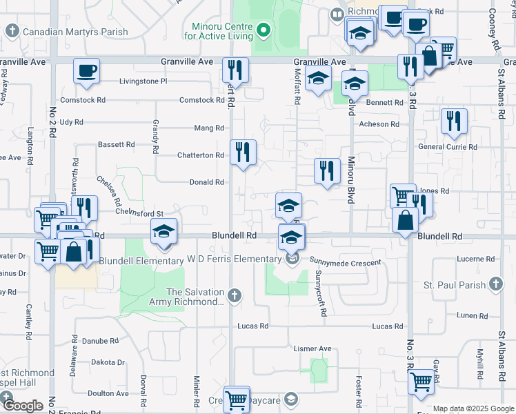 map of restaurants, bars, coffee shops, grocery stores, and more near 7091 Blundell Road in Richmond