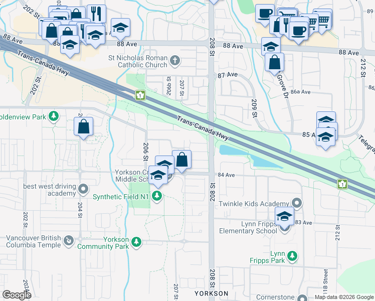map of restaurants, bars, coffee shops, grocery stores, and more near 8476 207A Street in Langley Township