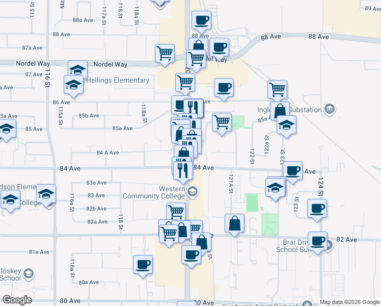 map of restaurants, bars, coffee shops, grocery stores, and more near 8496 120 Street in Surrey