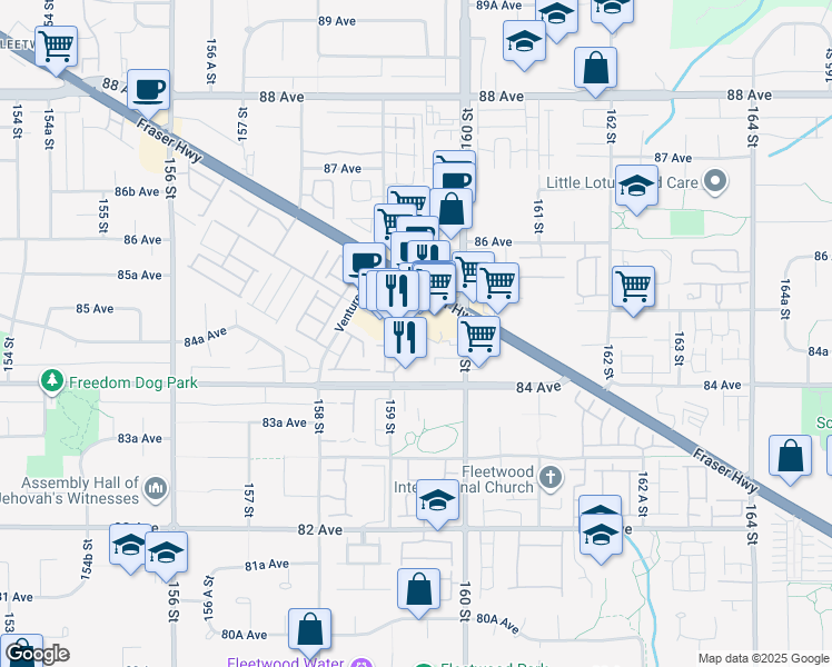 map of restaurants, bars, coffee shops, grocery stores, and more near 15885 84 Avenue in Surrey