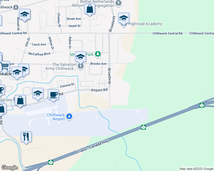map of restaurants, bars, coffee shops, grocery stores, and more near 8533 Broadway in Chilliwack