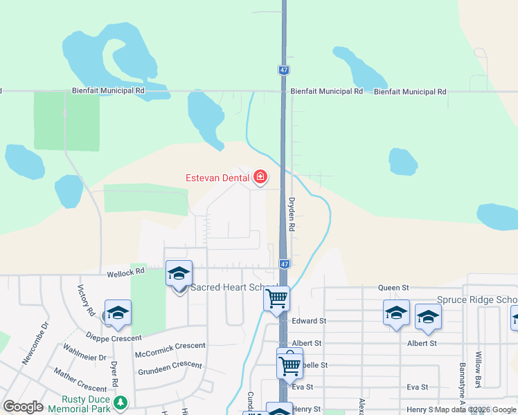 map of restaurants, bars, coffee shops, grocery stores, and more near 2141 Larter Road in Estevan