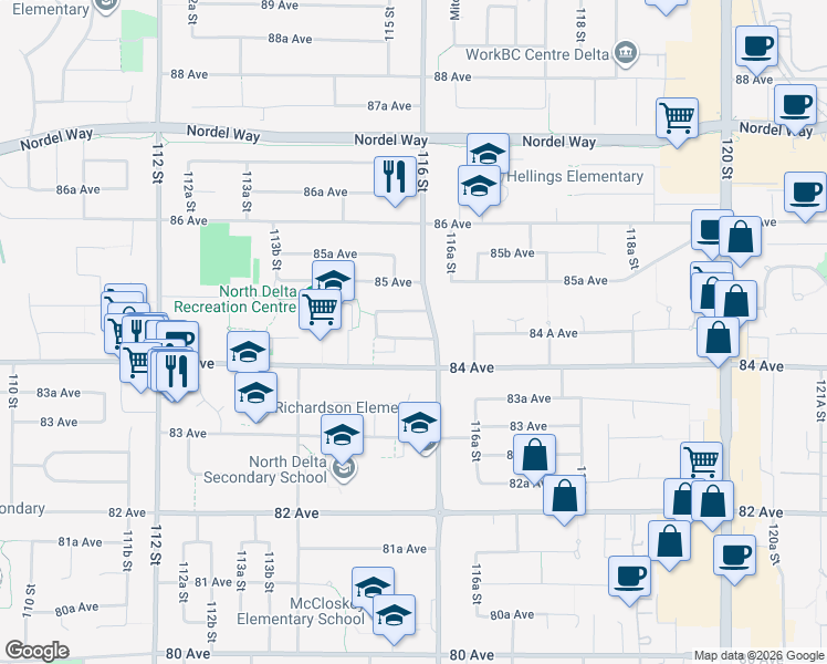 map of restaurants, bars, coffee shops, grocery stores, and more near 11573 84A Avenue in Delta