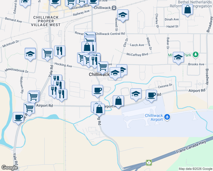 map of restaurants, bars, coffee shops, grocery stores, and more near 8500 Young Road in Chilliwack