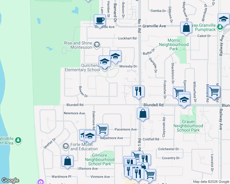 map of restaurants, bars, coffee shops, grocery stores, and more near 7228 Anvil Crescent in Richmond