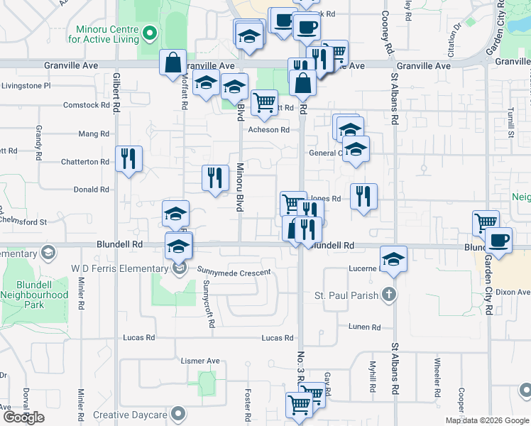 map of restaurants, bars, coffee shops, grocery stores, and more near 7671 Abercrombie Drive in Richmond