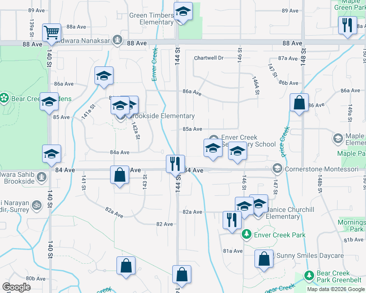 map of restaurants, bars, coffee shops, grocery stores, and more near 8468 144 Street in Surrey