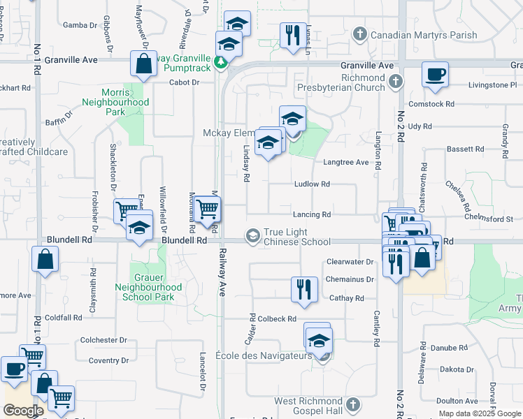 map of restaurants, bars, coffee shops, grocery stores, and more near 5211 Lancing Road in Richmond