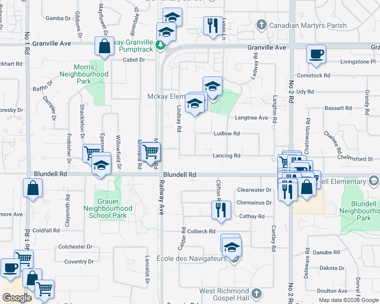 map of restaurants, bars, coffee shops, grocery stores, and more near 5211 Lancing Road in Richmond