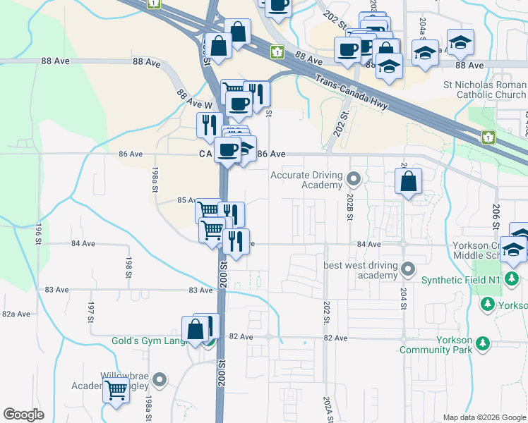 map of restaurants, bars, coffee shops, grocery stores, and more near 20078 85 Avenue in Langley Township