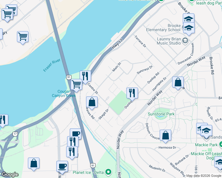 map of restaurants, bars, coffee shops, grocery stores, and more near 10337 Johnson Wynd in Delta