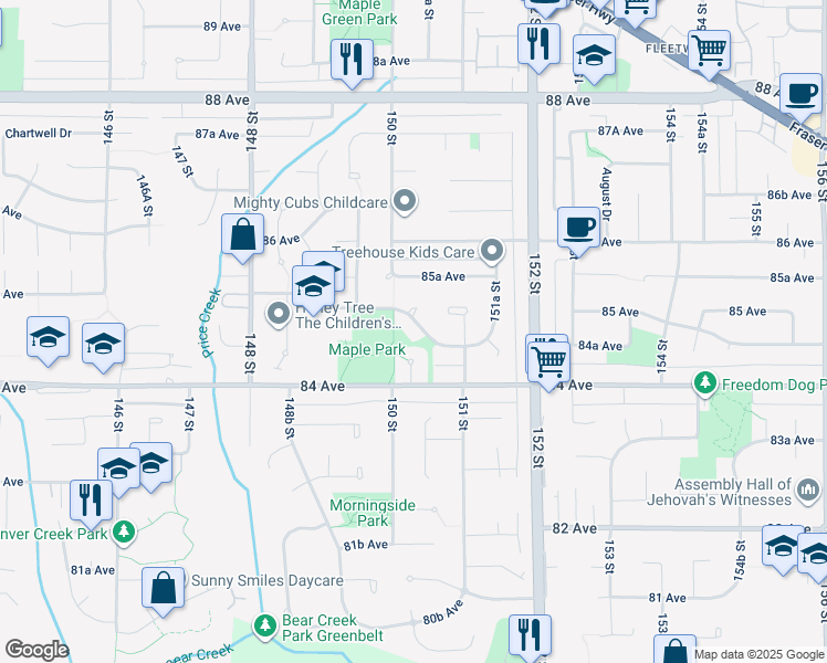 map of restaurants, bars, coffee shops, grocery stores, and more near 15032 Spenser Drive in Surrey