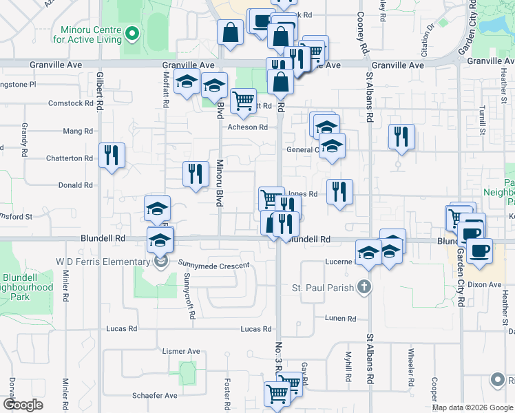 map of restaurants, bars, coffee shops, grocery stores, and more near 7700 Abercrombie Drive in Richmond