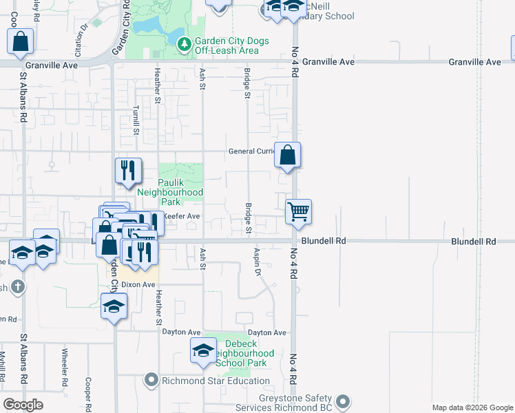 map of restaurants, bars, coffee shops, grocery stores, and more near 7660 Bridge Street in Richmond