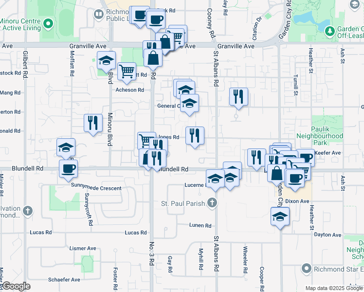 map of restaurants, bars, coffee shops, grocery stores, and more near in Richmond