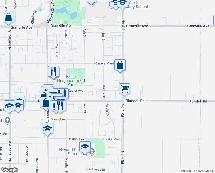 map of restaurants, bars, coffee shops, grocery stores, and more near 7660 Bridge Street in Richmond