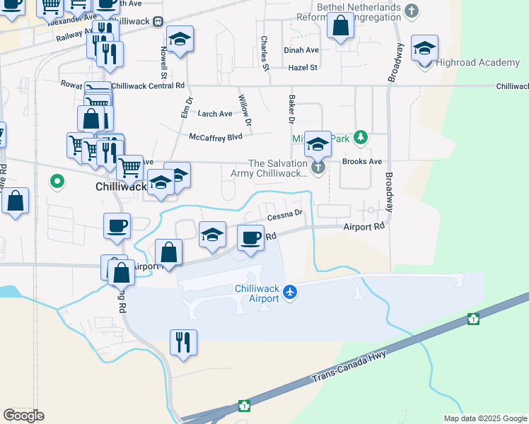 map of restaurants, bars, coffee shops, grocery stores, and more near 46321 Cessna Drive in Chilliwack
