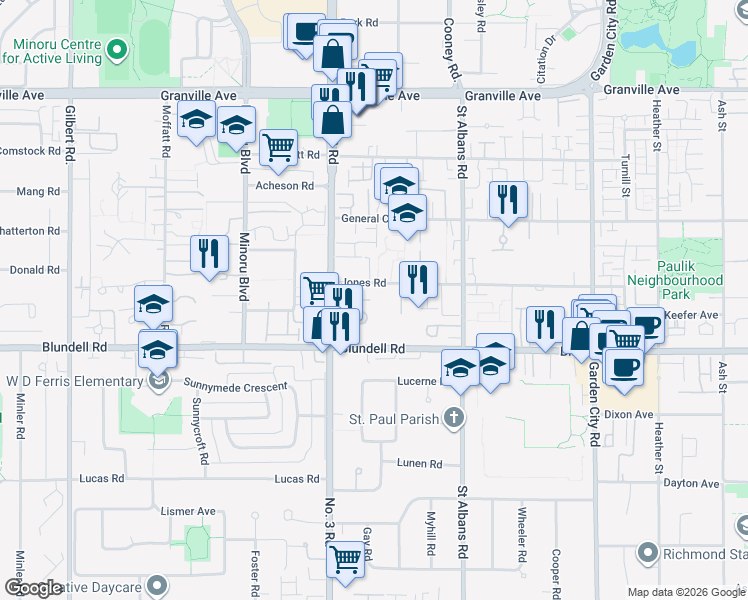 map of restaurants, bars, coffee shops, grocery stores, and more near 8120 Jones Road in Richmond