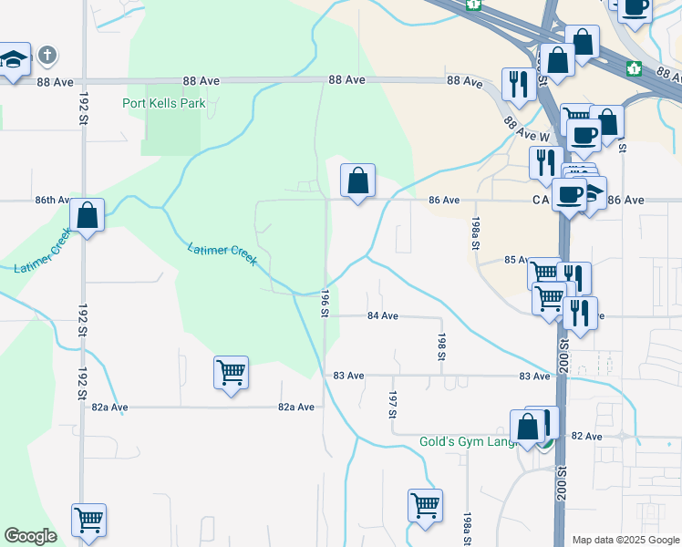 map of restaurants, bars, coffee shops, grocery stores, and more near 8484 196 Street in Langley Township