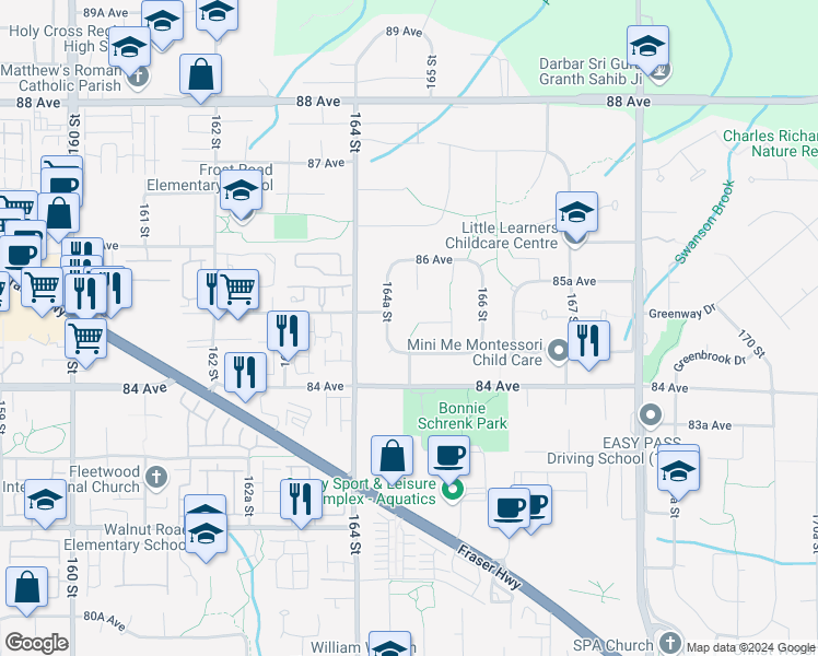 map of restaurants, bars, coffee shops, grocery stores, and more near 16510 85 Avenue in Surrey