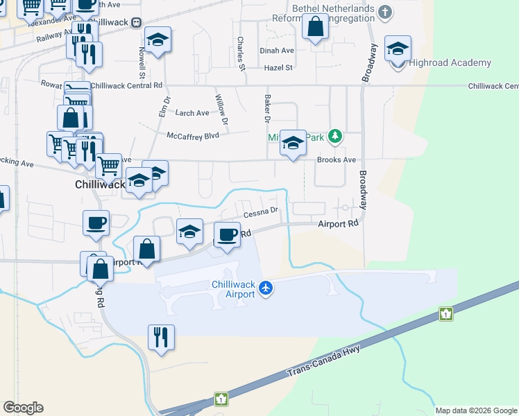 map of restaurants, bars, coffee shops, grocery stores, and more near 46349 Cessna Drive in Chilliwack