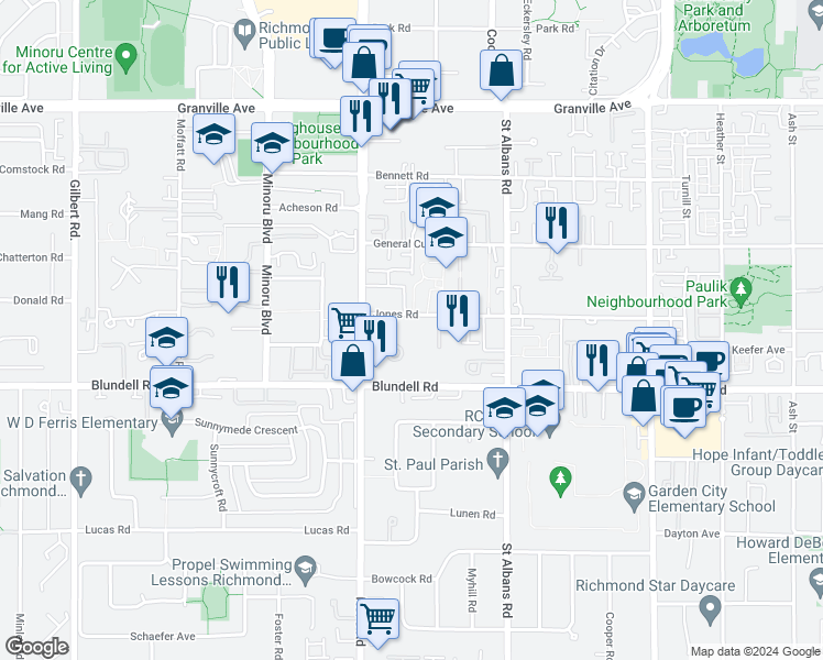 map of restaurants, bars, coffee shops, grocery stores, and more near in Richmond