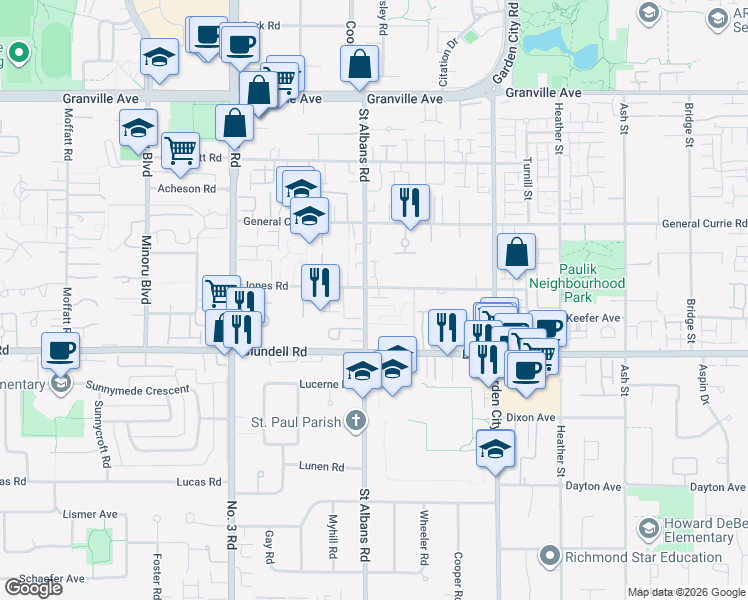 map of restaurants, bars, coffee shops, grocery stores, and more near 8500 Jones Road in Richmond
